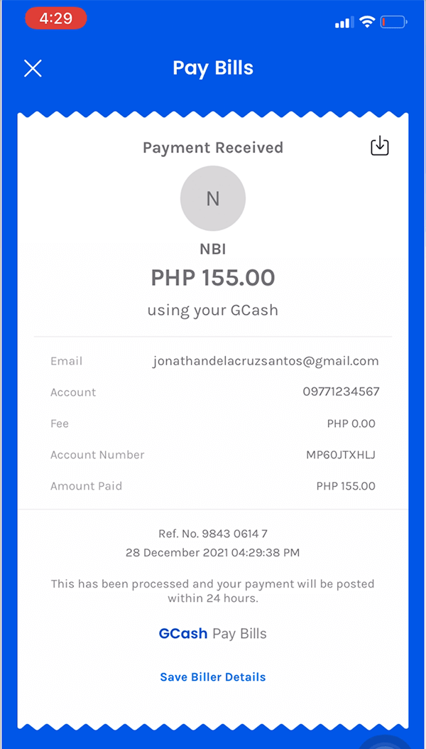 GCash Receipt for payment of NBI Clearance