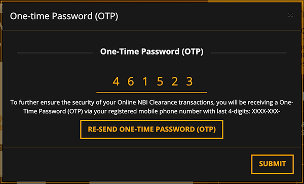 Filled out One Time Password in the website