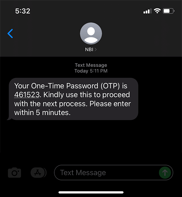 Sample One Time Password from received sent by NBI Website thru SMS