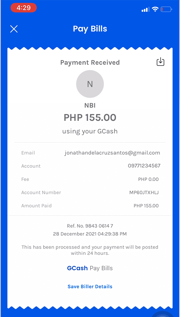 GCash Payment Receipt for the NBI Clearance Fee