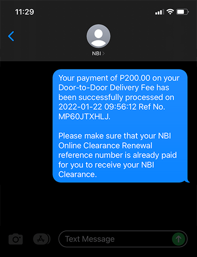 NBI Renewal Door To Door Delivery Confirmation Text