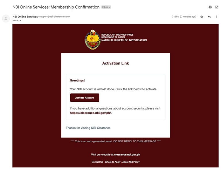 Step 10. Inside the email, you'll find a message similar to the sample email below. Click the "Activate Account" link. This link will redirect you back to the NBI Clearance website.