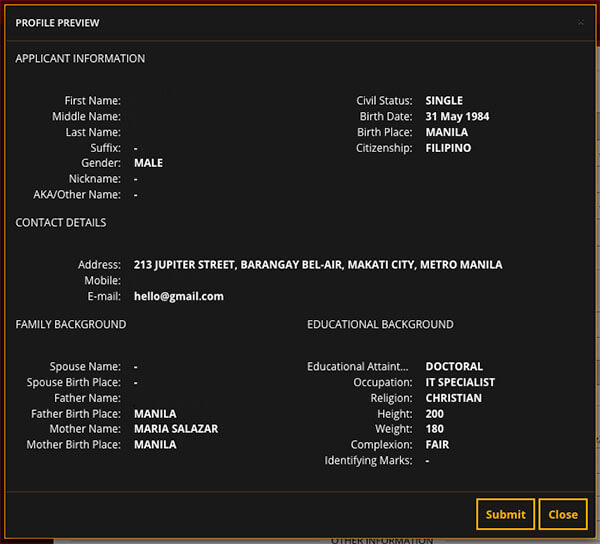 Review and Submit: A pop-up window will appear, displaying the personal information you’ve entered. Review this data carefully to ensure accuracy, as any mistakes will reflect on your printed NBI Clearance. If you are certain and content with the provided information, click the “Submit” button.