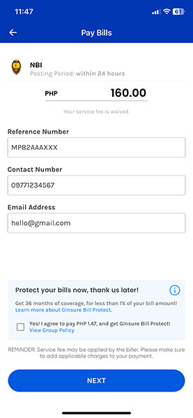 Enter the amount (P160), your NBI Clearance Reference number, contact number, and email address. Press "Next."