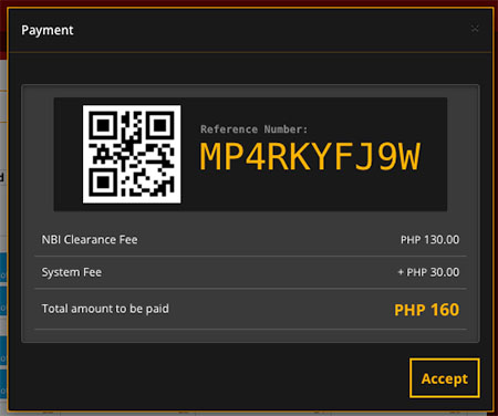 Finalize GCash Payment: After clicking the buttons, a window with a QR code will appear. Ignore the QR code and use the NBI REFERENCE NUMBER for GCash payment. The fee breakdown will be shown.