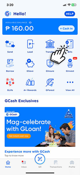 Step 28. On the GCash dashboard, tap the "BILLS" icon.