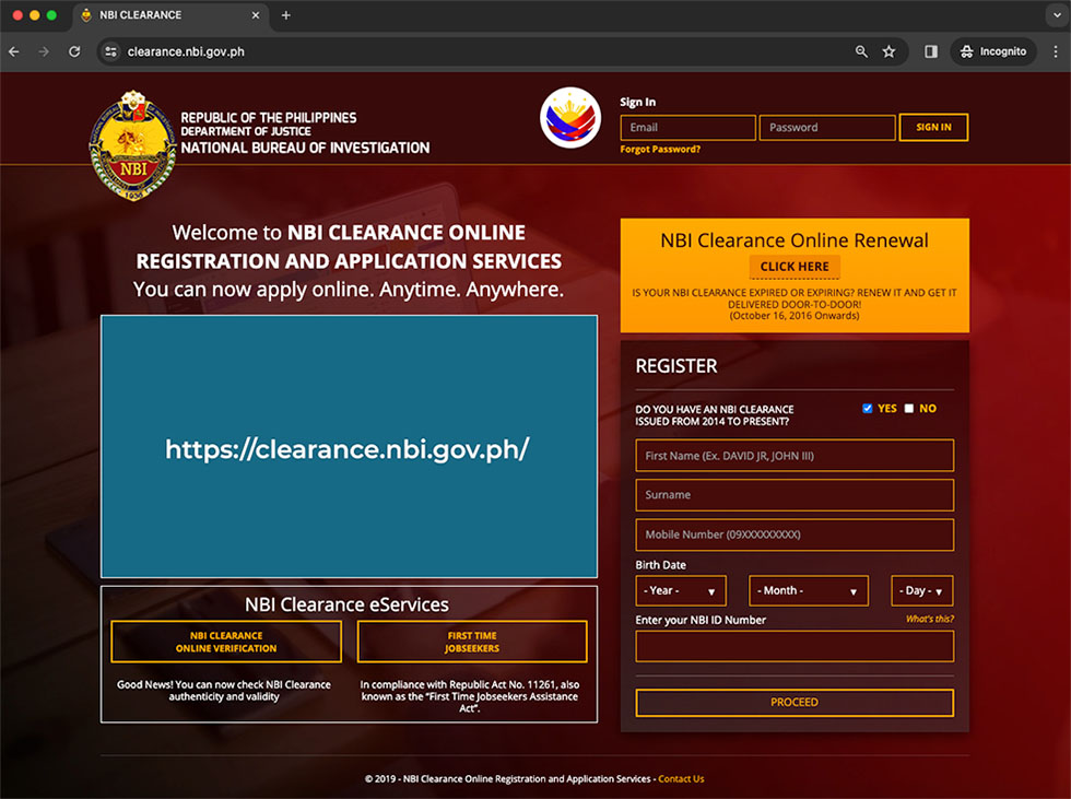 Renewal.  Step 1. Visit the NBI Clearance Website. Open your web browser and navigate to the official NBI Clearance website (clearance.nbi.gov.ph).