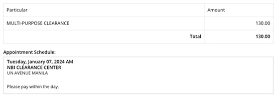 Step 22. Verify that the "Appointment Schedule" section has been updated with your chosen NBI Branch, date, and time. Ensure the correct information is displayed.