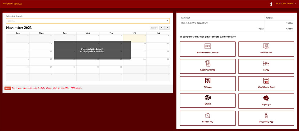 Navigate the NBI Clearance Appointment System: The system will display four components: NBI Branch, Date and Time of Appointment, NBI Clearance Fee, and Payment Mode.