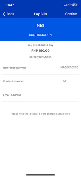 Pay Bills NBI Clearance Online Fees Confirmation Page