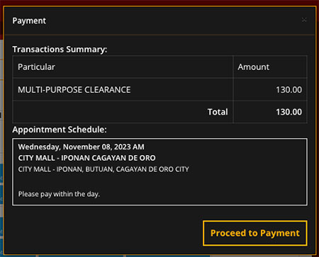 Step 24. A pop-up window will appear; simply click the "PROCEED" and "Proceed to Payment" buttons. Disregard the displayed amount (P130) for now, as it's not the final fee.