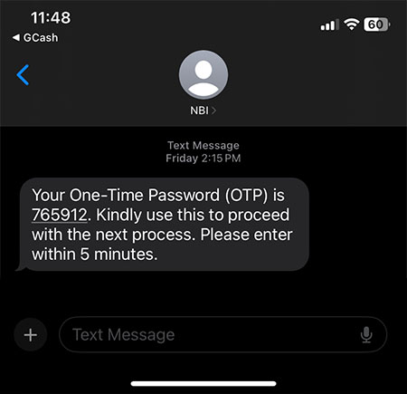 Received OTP One Time Password Sent By NBI Clearance Website to your Mobile Number
