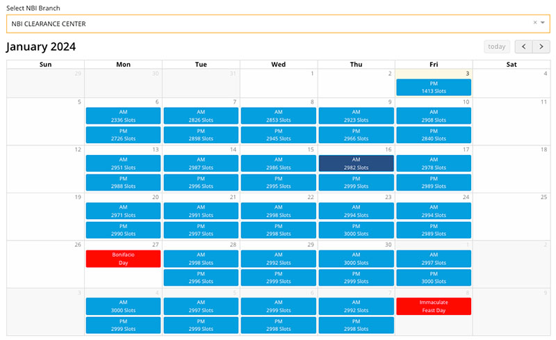 Step 21. Once you've selected the NBI Branch, available appointment slots will be displayed on the calendar. Click on a date and time slot that suits your schedule. Available dates are highlighted in blue, and time slots are denoted as AM or PM.