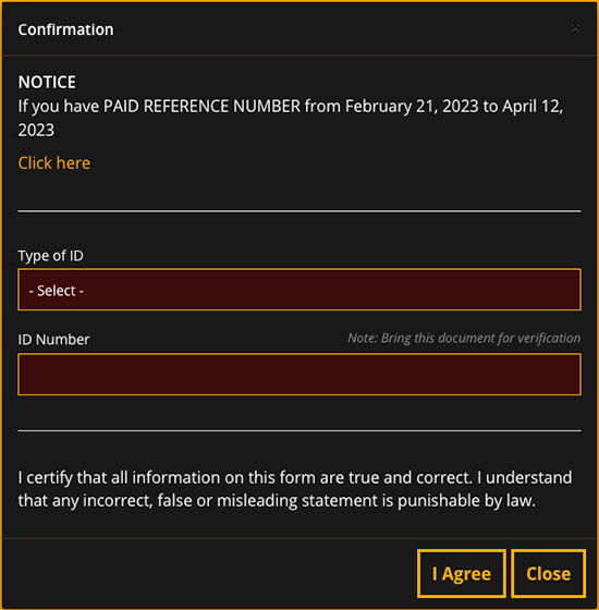 Select a Valid ID: A pop-up window will appear after clicking "APPLY FOR CLEARANCE." Choose a valid ID from the dropdown list and input the ID number. Click "I AGREE."