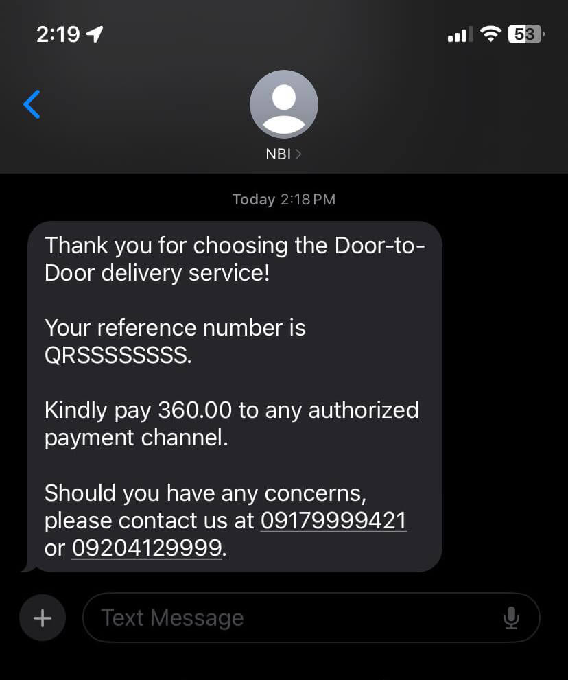 NBI Clearance Renewal Door to Door Delivery Payment Confirmation sent to SMS