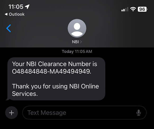 Recover NBI ID Success SMS Message